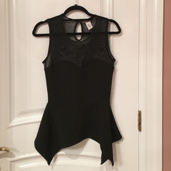 Joyce Leslie Black Ribbed Peplum Top w/Mesh Detail