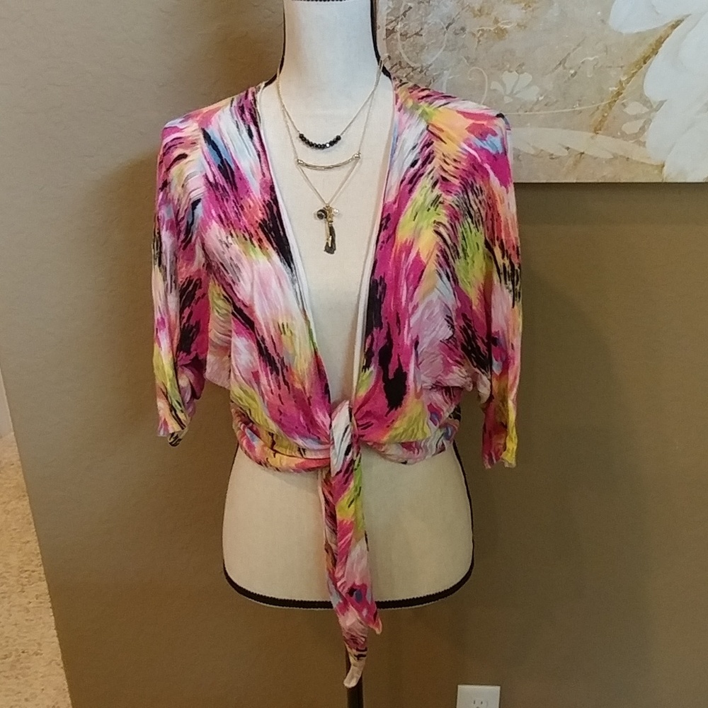 Tie front sweater in black and rainbow colors - L