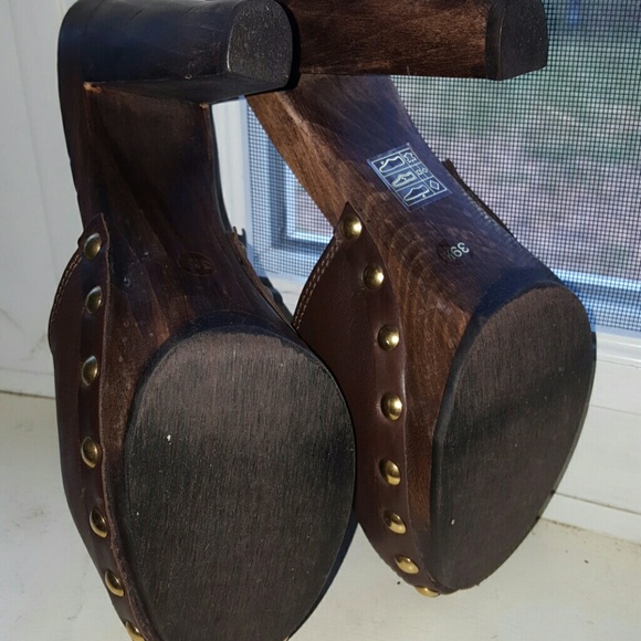 Miu Miu boho wood heel gold stud mule clog slides - Picture 2 of 4