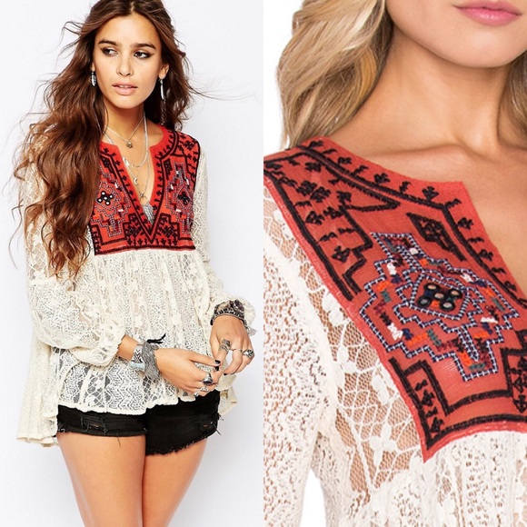 Free People Tops - ✨NEW FREE PEOPLE Casablanca lace embroidered top L