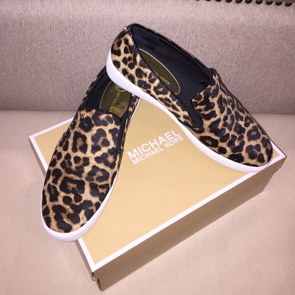 Michael Kors Keaton slip ons. Printed hair calf.