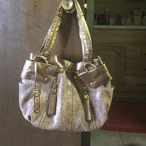 Leather Hobo Bag Crocodile Deign Shiny Gold