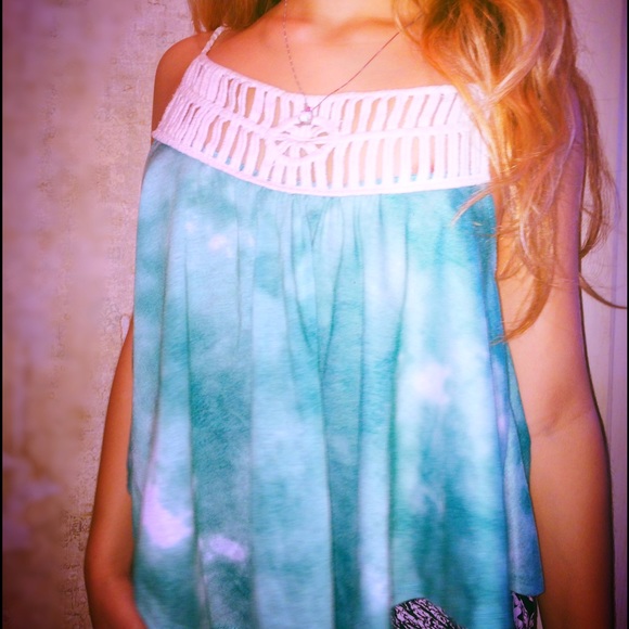 White and teal, crochet spaghetti top.