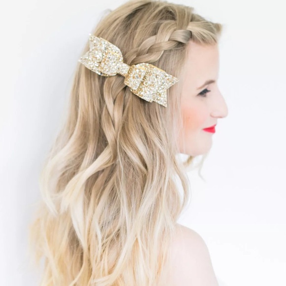 {Glam} Gold Glitter Big Bun Bow Cheer Hair Bow NWT - Picture 2 of 4