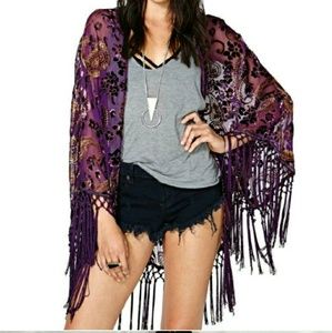 Urban outfitters purple velvet kimono with fringe