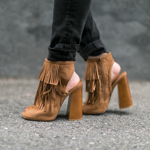 Qupid Shoes - Fringe Camel Open-Toe Booties (SOLD OUT ON QUPID)