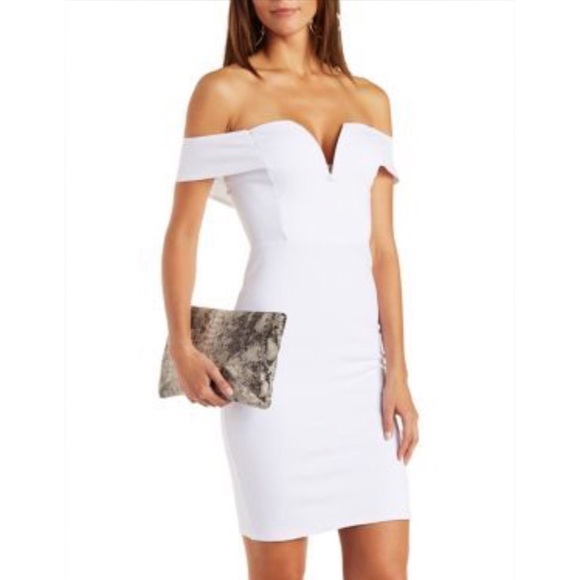 White Off-the-shoulder Plunge Dress - Picture 1 of 4