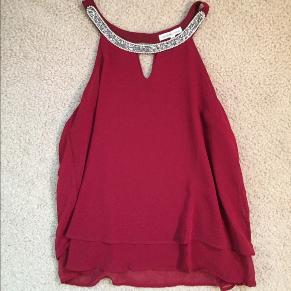 Red Jeweled Collar Chiffon Top