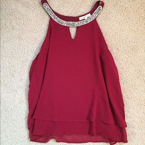 Red Jeweled Collar Chiffon Top