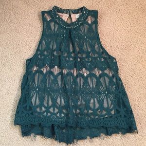 Emerald Green Lace High Neck Tank Top