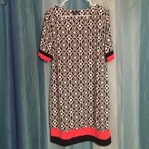 R&K coral, black, and white patterned dress.