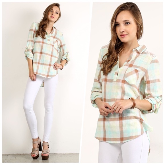 Lace Contrast Plaid Top - Picture 2 of 3