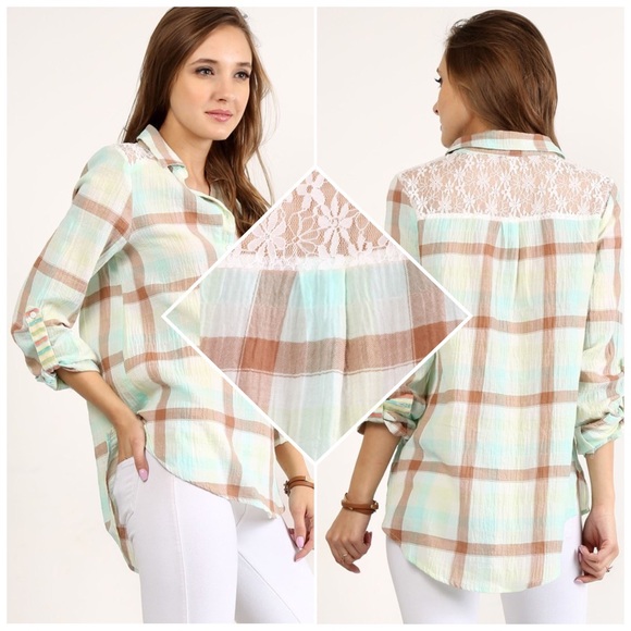 Lace Contrast Plaid Top - Picture 3 of 3