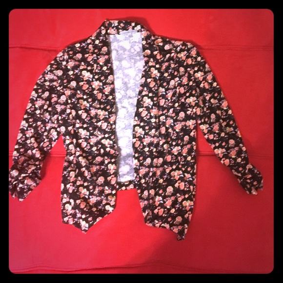 Black and Pink Flower Printed Soft Blazer