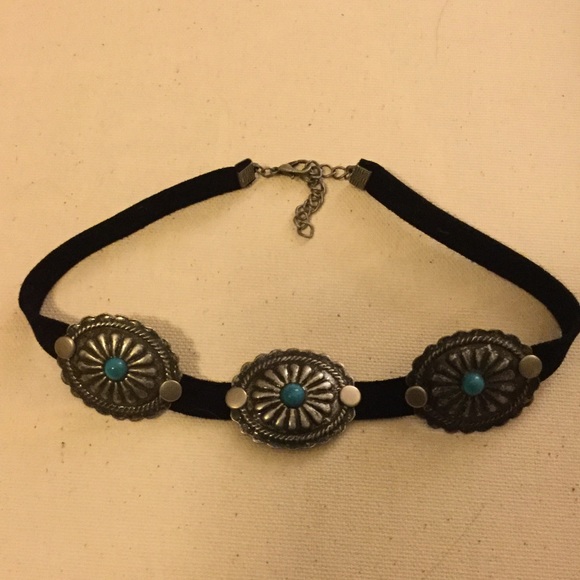 Black suede turquoise concho choker