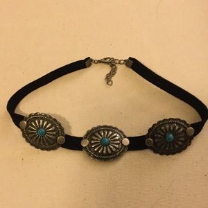 Black suede turquoise concho choker