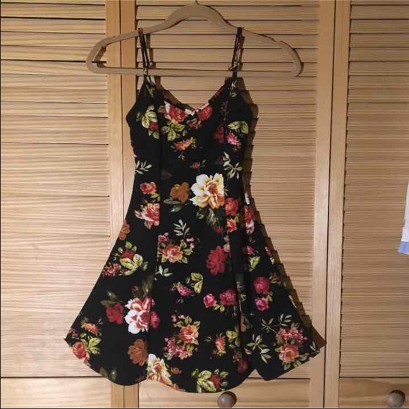 Black & Floral Patterned Mini Skater Dress