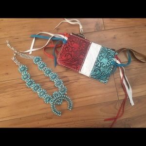 Red white and turquoise western clutch
