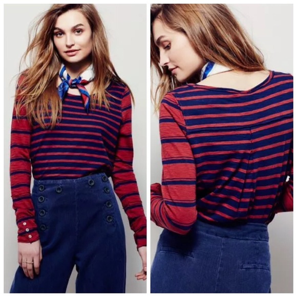 Free People Mix It Striped Tee in Navy & Brick - Picture 2 of 4