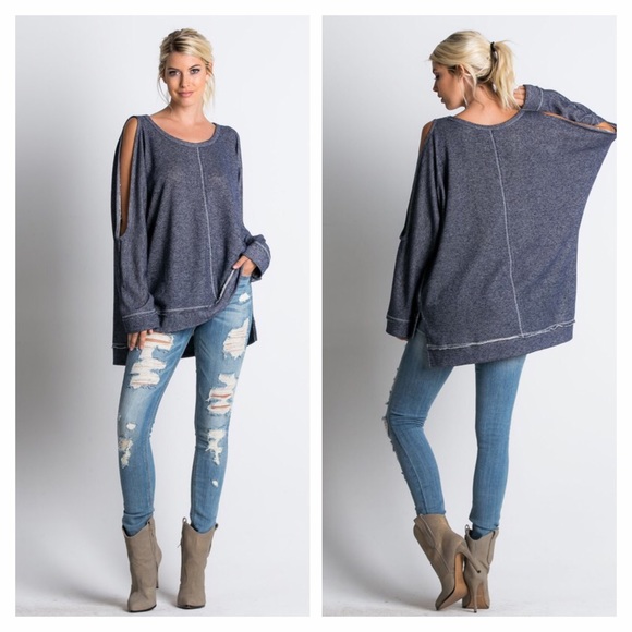 Navy Cold Shoulder High Low Tunic - Picture 2 of 4