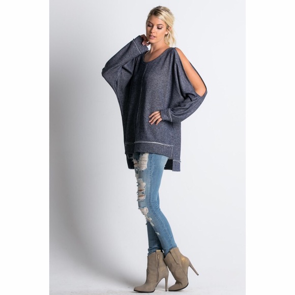 Navy Cold Shoulder High Low Tunic - Picture 3 of 4