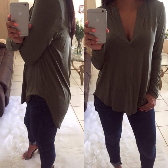 | SOLD OUT | Olive Vneck Long Sleeve Top - Picture 3 of 3