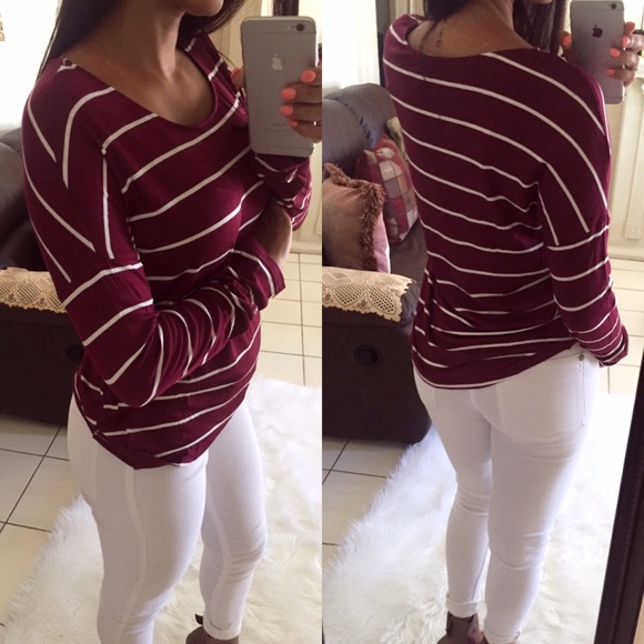 | SALE 🎉| Burgundy & Cream Striped LS Top - Picture 2 of 3