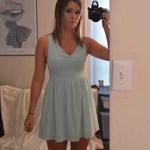 Open back light turquoise blue dress