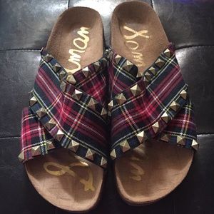 Sam Edelman plaid sandals with antique gold studs