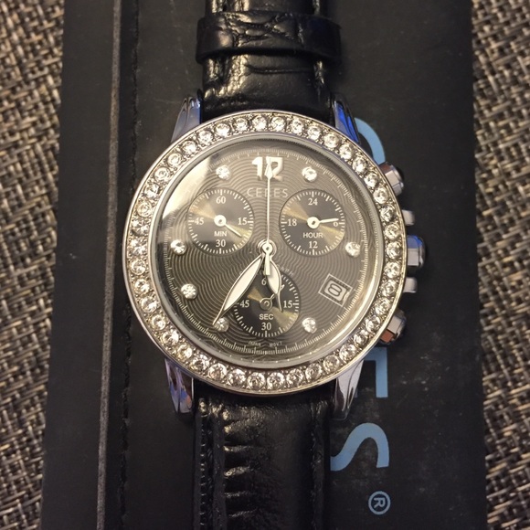 black leather watch with crystal details - Picture 1 of 3