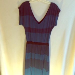 Striped teal and dark blue maxi dress.