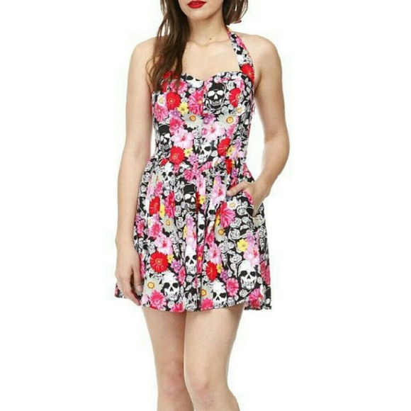 Skull Floral Print Halter Dress