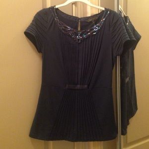 Navy Short Sleeve Blouse with beaded embellishment