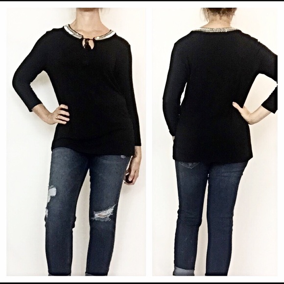 💋LAST Stunning Black Silver Collar Peasant Top L - Picture 2 of 3