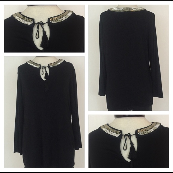 💋LAST Stunning Black Silver Collar Peasant Top L - Picture 3 of 3