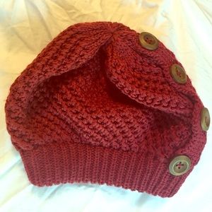 Maroon beanie with wood buttons