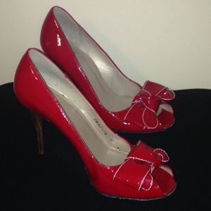 Stuart Weitzman red patent leather peep toe heels