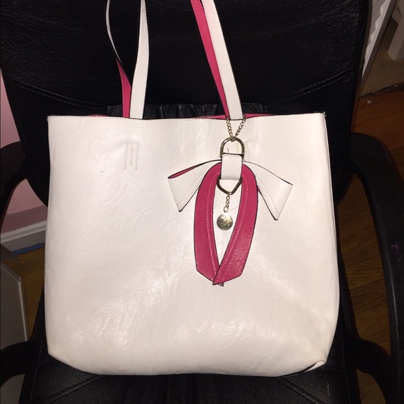 Pink and white reversible tote bag