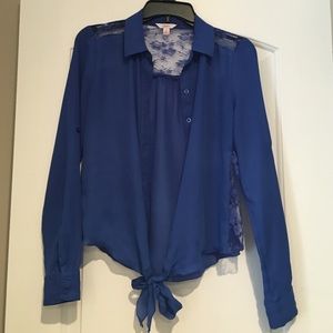 Long sleeve lace blue button down