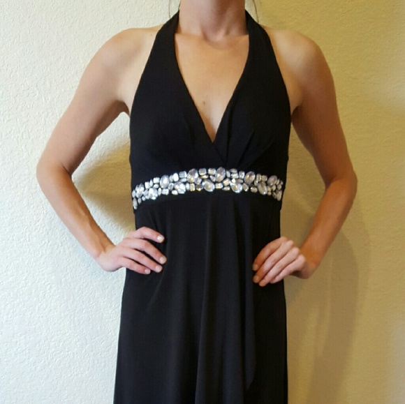 satin black dress prom Black Beaded Satin Queen Anne Neck Sexy Open Back A-line Dress