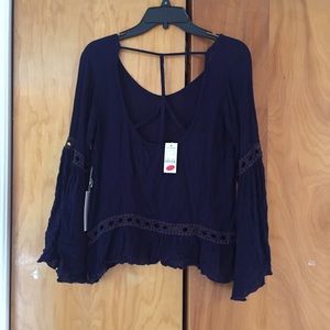 NWT JL Navy Crepe Bell Sleeve Open Back Shirt