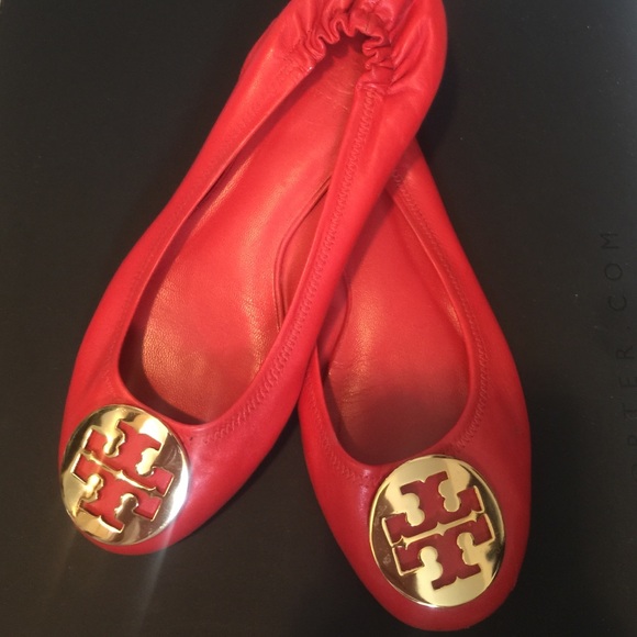 Tory Burch Red Reva Flats with Gold buckle