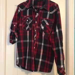 Red blue and white button up