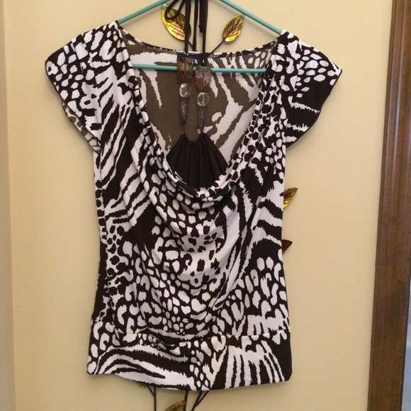 Brown and White Silky Top with Built-in Necklace