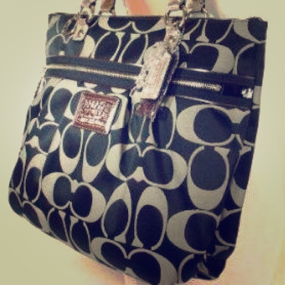 Coach Poppy Signature Glam Tote Black & Silver