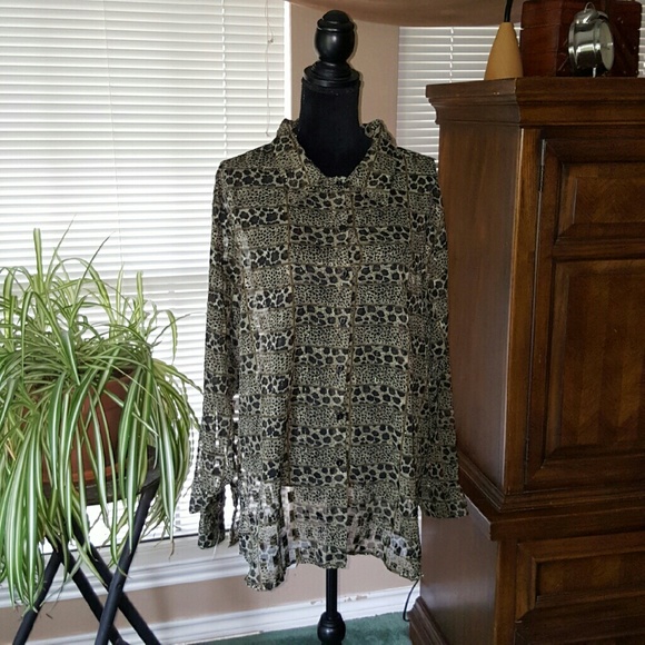 Club z Collection Tops - Sheer 3x Button Down Blouse in Gold, Green & Black