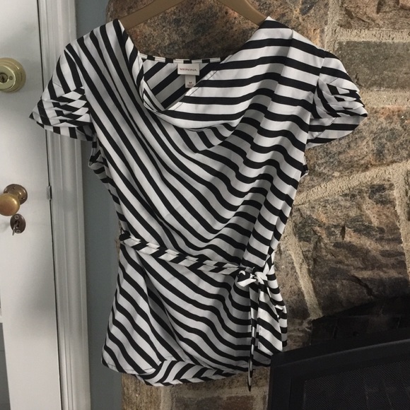 Adorable Black and White Silky Draping Blouse