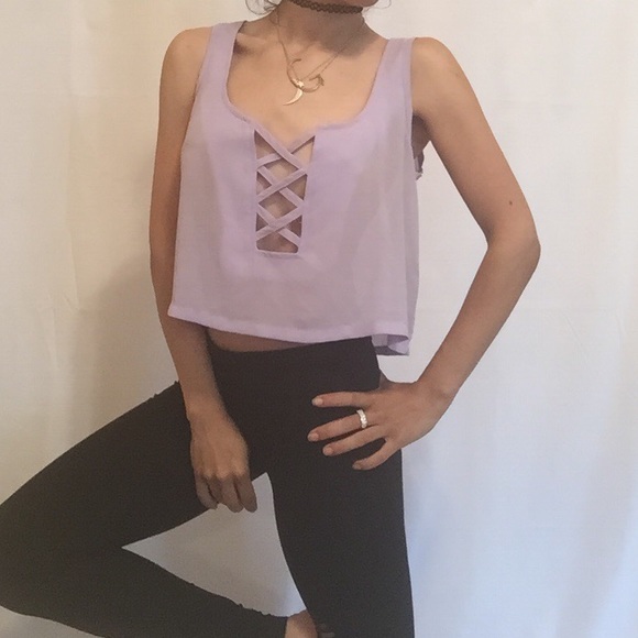 LF Tops - Sexy cropped Criss cross lilac crop top