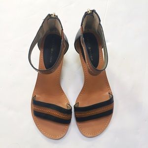NWOT Black & Tan Back Zip Ankle Strap Wedges