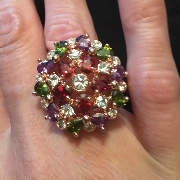 Size 6 rose gold with purple, green, red crystals